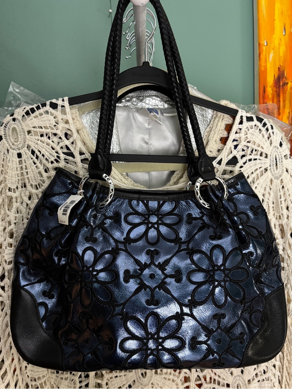 Brighton Valencia Purse in Metallic Navy with Black Floral Embroidery NWT